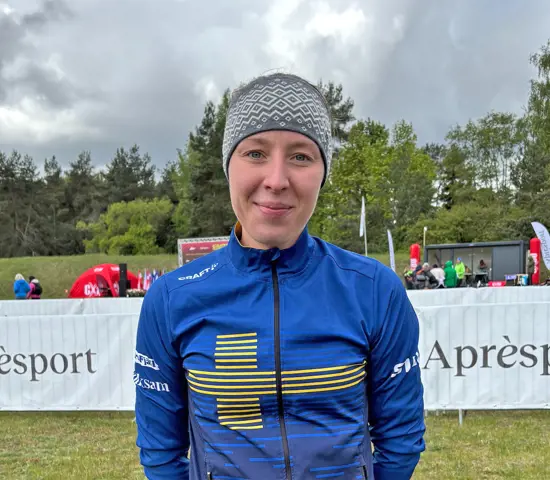 Elvira Larsson efter sjundeplatsen på MTBO-EM:s masstart i Vilnius, Litauen.