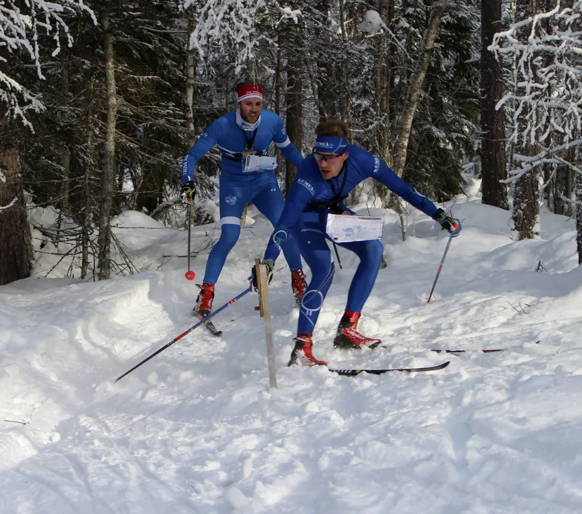 Två manliga skidorienterare stämplar en kontroll på Svenska Cupen i Sundsvall februari 2021